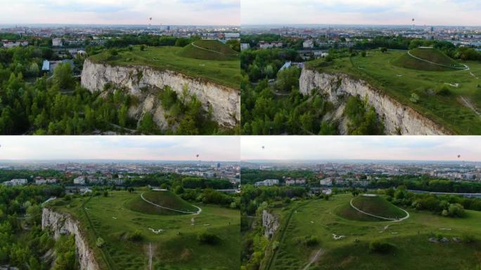 利班采石场、克拉库斯土墩 (Kopiec Kraka) 和克拉科夫、波兰、波尔斯卡的空中全景