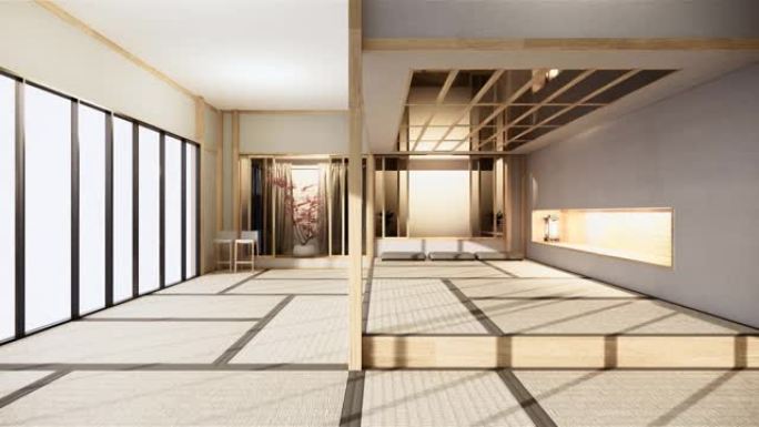 日本房间室内背景与搁板墙日式设计隐藏光。3d渲染