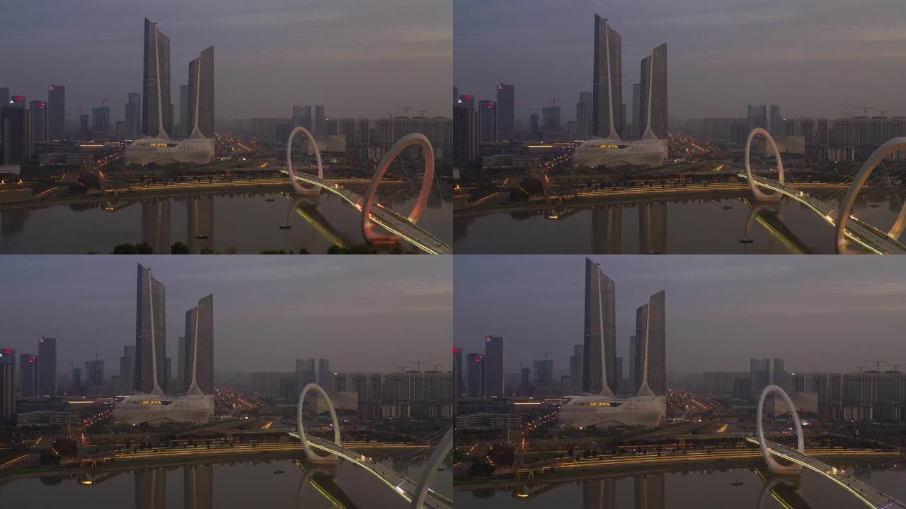 暮光之夜照明南京市国际青年文化中心人行滨江大桥空中全景4k中国