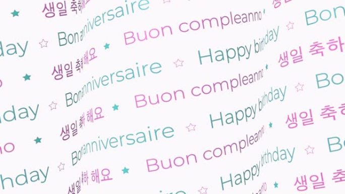生日快乐文本模式移动动画，循环和无缝动画4k背景。带有意大利语，法语，英语和韩语单词的视频