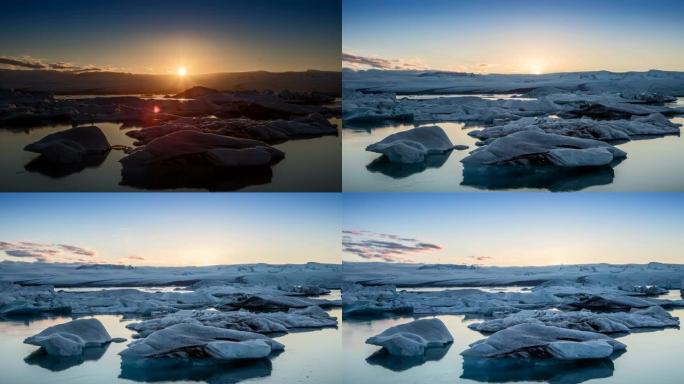 冰岛，Jokulsarlon泻湖，美丽的寒冷景观4k冰岛冰川泻湖湾的延时。4K Timelaspe