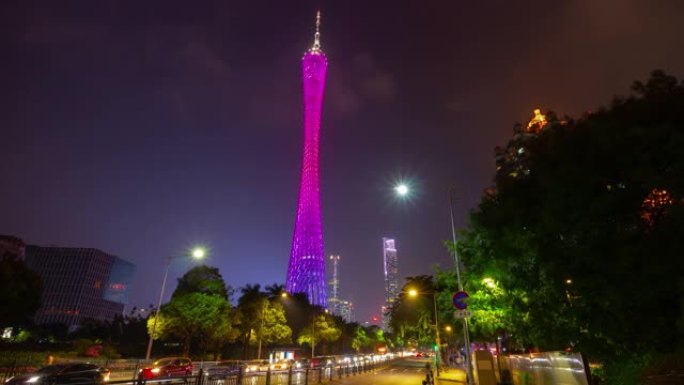 广州市夜间著名塔楼照明表演交通街道延时全景4k中国