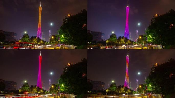 广州市夜间著名塔楼照明表演交通街道延时全景4k中国