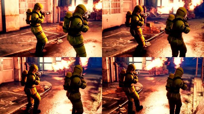 穿着细菌服的医务人员用喷火器对受感染城市的街道进行消毒。穿着黄色防护服和防毒面具的男人。