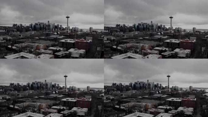 暴风雨雨天西雅图市中心空中太空针