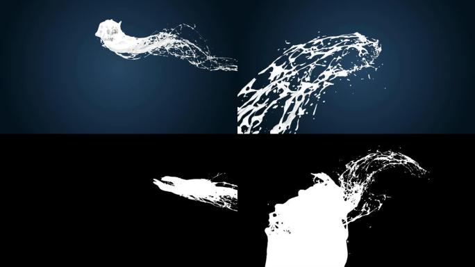 4k白色飞溅，如牛奶或白色油漆，在黑暗背景下以慢动作经过相机。以亮度哑光为阿尔法通道的液体3d动画。