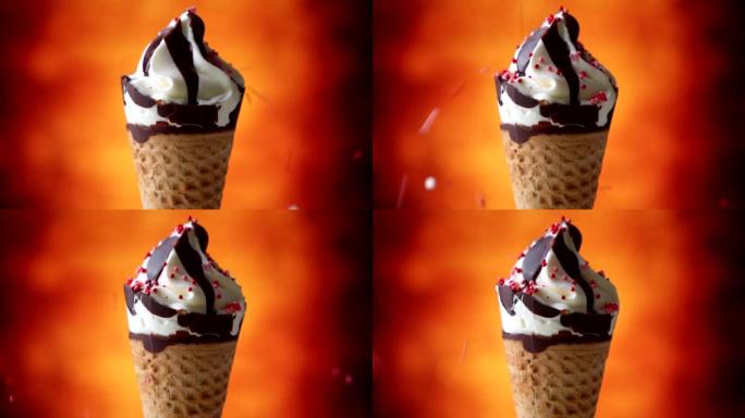 冰淇淋特写。五颜六色的洒落在冰淇淋浇头上。华夫饼蛋筒冰淇淋，在棕色背景上旋转