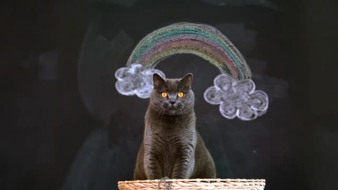 黑板上有新型冠状病毒肺炎彩虹的宠物猫