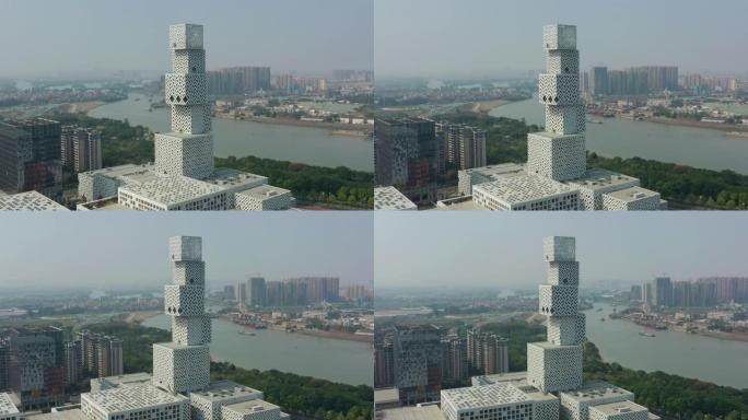 佛山市夏日著名现代戏剧艺术中心河畔空中全景4k中国