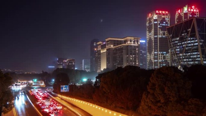 夜间照明杭州市市区交通滨河湾路延时全景4k中国