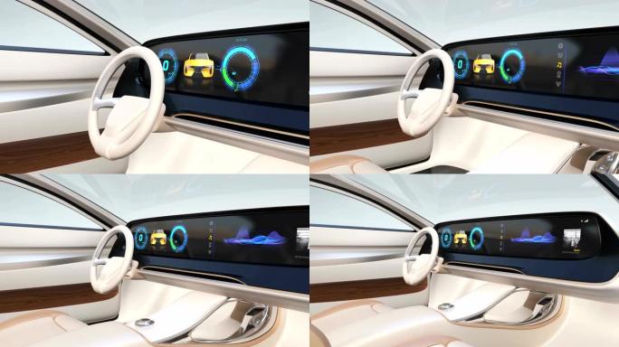 配备宽数字多媒体屏幕的自动驾驶电动汽车内部