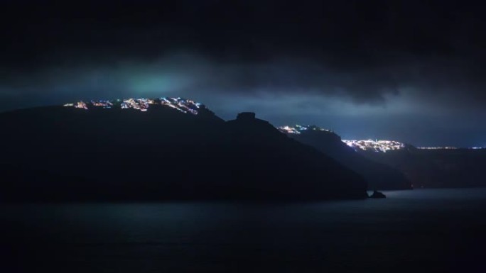夜间照明圣托里尼岛湾镇全景4k希腊