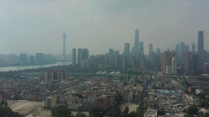 阳光灿烂的广州城市旧生活街区市中心景观航空全景4k中国