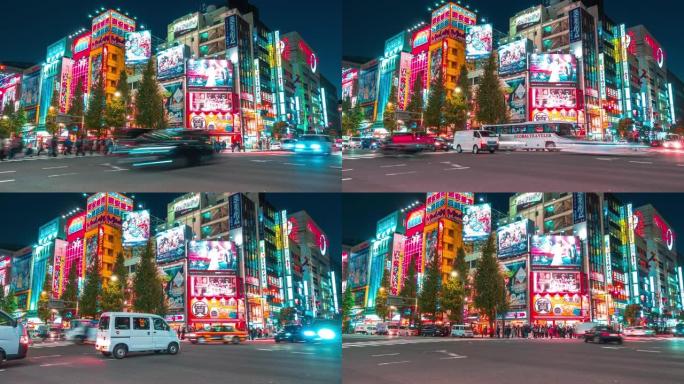 4k延时: 晚上在东京的秋叶原社区街电子镇放大行人拥挤和游客购物的视频游戏，动漫，漫画