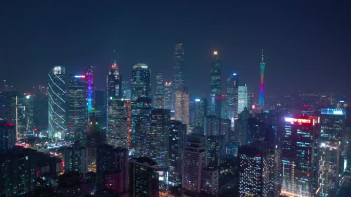 夜间照明广州市著名的现代市中心航空全景4k中国