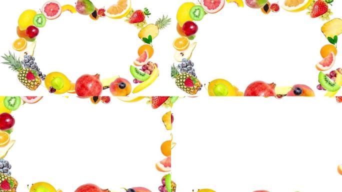 从中心出现的许多不同热带水果的创意4k定格视频动画，冻结了片刻，并在白色背景上向不同方向飞行。水果爆