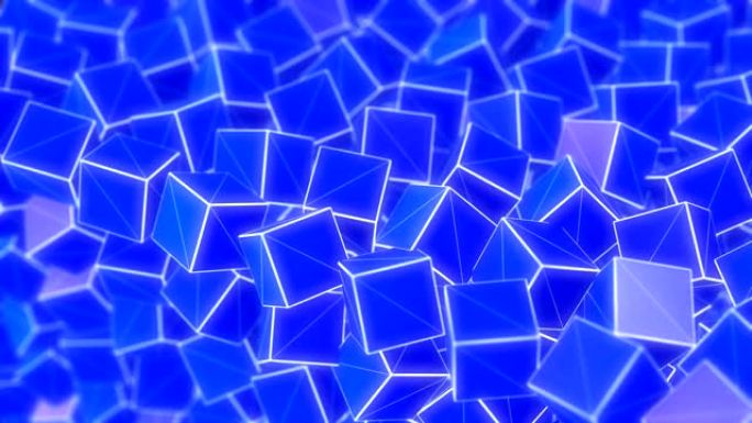 线框蓝色立方体抽象模糊几何背景。3D动画4K UHD视频剪辑。