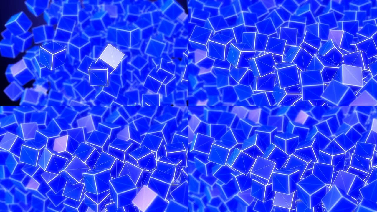 线框蓝色立方体抽象模糊几何背景。3D动画4K UHD视频剪辑。