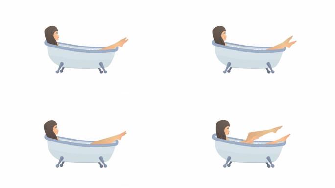 洗澡的女人。一个女孩在泡泡浴中洗澡的动画