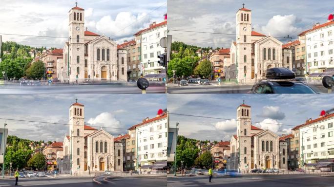 波斯尼亚萨拉热窝的蒂托瓦街圣约瑟夫教堂前的城市交通和人行横道