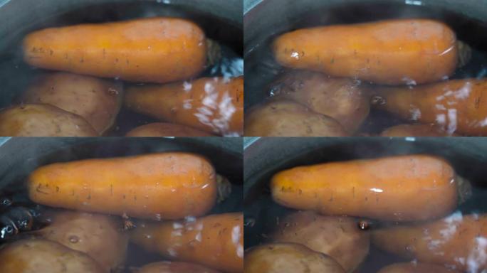 健康去皮的胡萝卜和土豆在平底锅中加水煮沸