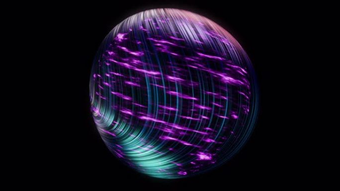 抽象的紫色星球被美丽闪亮的线状弯曲线条覆盖，孤立在黑色背景上。动画。惊人的太空体旋转发光，无缝循环