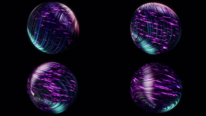 抽象的紫色星球被美丽闪亮的线状弯曲线条覆盖，孤立在黑色背景上。动画。惊人的太空体旋转发光，无缝循环