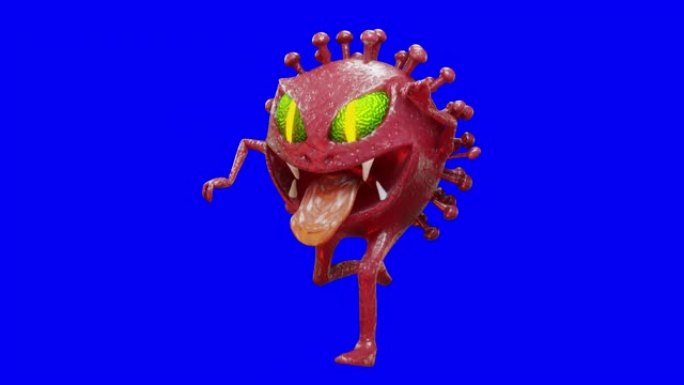 新型冠状病毒肺炎或冠状病毒cell Monster，在结束部分的蓝色，黑色屏幕和alpha通道上运行