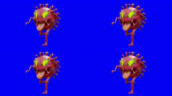 新型冠状病毒肺炎或冠状病毒cell Monster，在结束部分的蓝色，黑色屏幕和alpha通道上运行