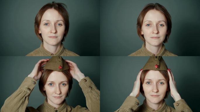 年轻女子穿着苏联军服的录像