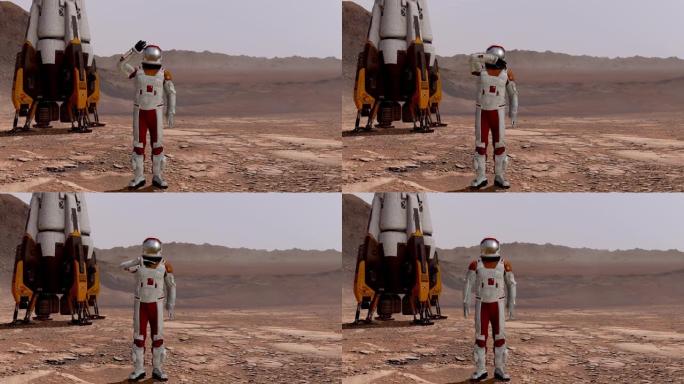 火星上的殖民地。宇航员挥舞着他的手。。探索火星任务。未来殖民和太空探索概念。3d渲染。NASA提供的