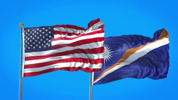 马绍尔群岛和美国的国旗一起在深蓝色的天空中飘扬。高清3D渲染。