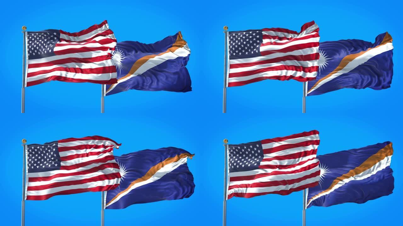 马绍尔群岛和美国的国旗一起在深蓝色的天空中飘扬。高清3D渲染。