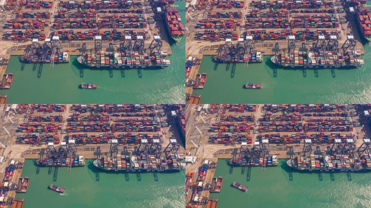 晴天香港城市港口集装箱码头船舶交通空中俯冲全景4k延时