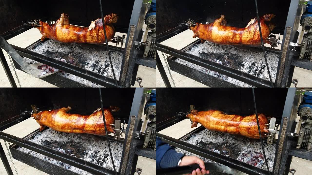 在烤架上烹饪小猪的传统方法