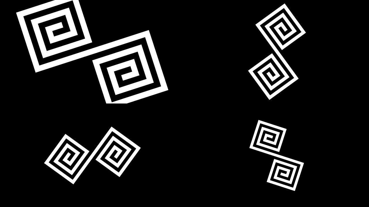 具有频闪和催眠效果的黑白图形对象，顺时针旋转，以16:9视频格式从全屏减小到中央消失