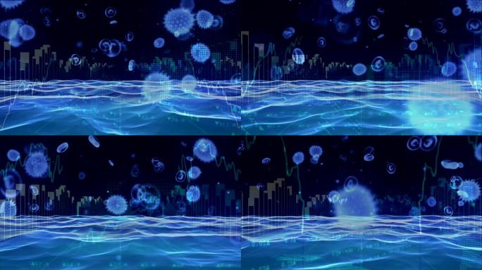 微距病毒和冠状病毒新型冠状病毒肺炎细胞在水面和黑暗背景上的动画