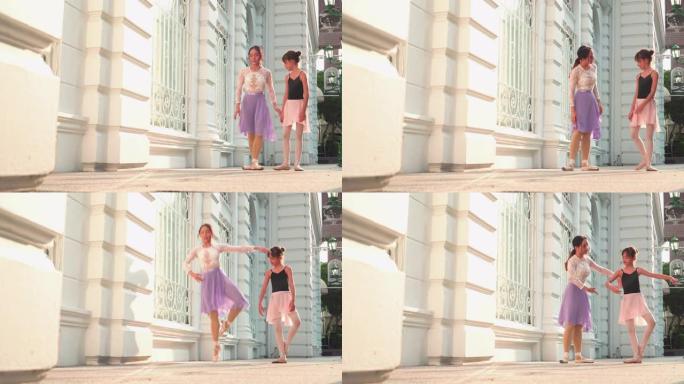 泰国晴天，一名亚洲青少年芭蕾舞演员在曼谷跳跳，在当地街道上与年轻女子芭蕾舞老师一起在芭蕾舞中练习的低