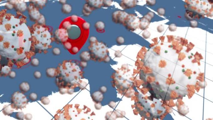 背景中冠状病毒细胞在全球范围内传播的动画。