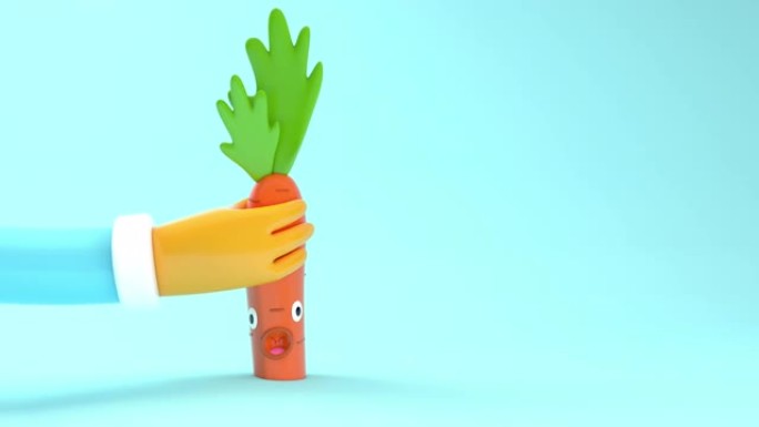 有趣的胡萝卜角色抵制蓝色背景上的手。蔬菜广告概念。无缝循环动画。3D渲染