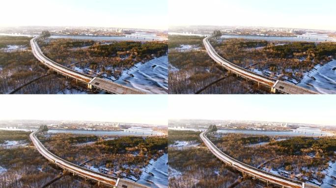 4k天线。城市冬季郊区废弃的高速公路。城市景观，横向飞行