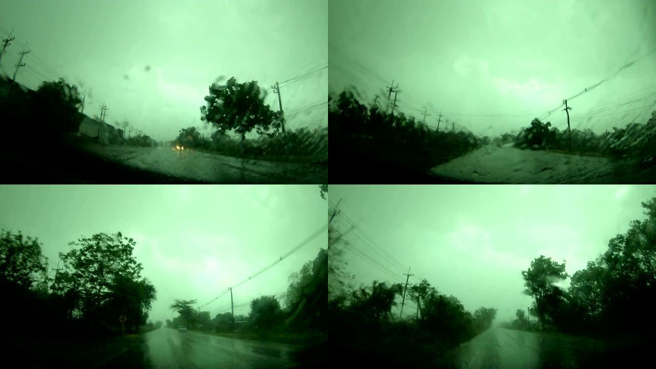 从汽车的前视图看暴雨。