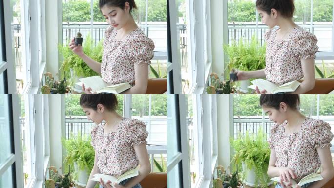 亚洲女性在放松的时间在家中花园里看书