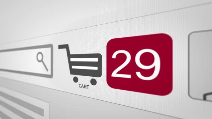 电脑屏幕上带有动画计数数字的购物车图标的特写镜头动画在购物网页上添加在线商品。买方在商店购买。白色版