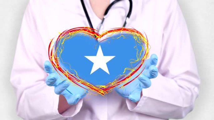特写。医生穿着医用白大褂，蓝色手套握在手中，用索马里国旗画出跳动的心。医生与全球流行病作斗争的概念，