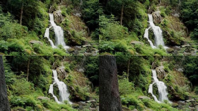 POV走向森林荒野美丽的瀑布。特里伯格·古塔赫河瀑布。自然的力量