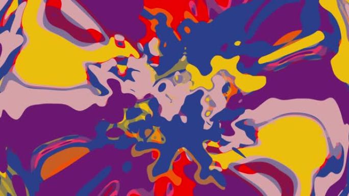 无缝循环抽象动画闪烁染色背景，彩色水彩斑点液体效果。红色蓝色黄色粉色紫色油彩绘画动画。