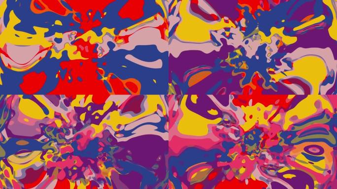 无缝循环抽象动画闪烁染色背景，彩色水彩斑点液体效果。红色蓝色黄色粉色紫色油彩绘画动画。