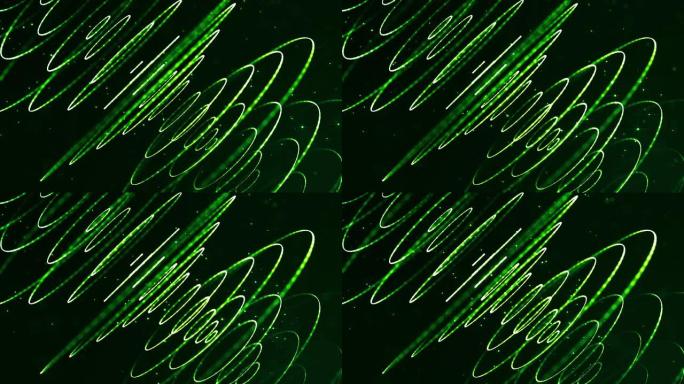 4k循环科幻绿色背景，带有散景和灯光效果。辉光绿色颗粒形成线条，表面，线球形结构作为虚拟空间或全息图