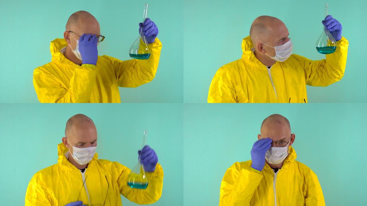 一位戴着眼镜的化学科学家研究了在烧瓶中，在试管中掉落眼镜的蓝色液体。戴着口罩和医用手套的科学家实验室